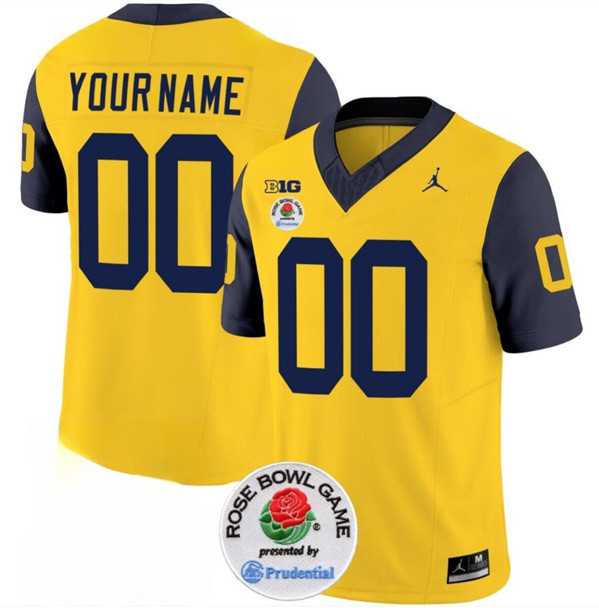 Mens Michigan Wolverines ACTIVE PLAYER Custom 2023 F.U.S.E. Yellow Navy Rose Bowl Patch Stitched Jersey->customized ncaa jersey->Custom Jersey